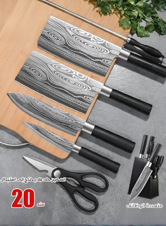 【رمضان كريم】مجموعة أدوات مائدة سميكة من خمس قطع مع حامل، تتكون من سكين سميك لتقطيع العظام، وسكين سميك للتقطيع، وسكين طاهي حاد، ومقص مطبخ، وقضيب شحذ. الشفرات ناعمة وخالية من النتوءات، بينما توفر المقابض ذات اللمسة النهائية الساتانية قبضة مريحة ومقاومة للانزلاق. مناسبة للمطبخ والأماكن المماثلة. - Image 1